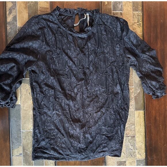 Anthropology Black Lace Top Key Hole Back Button Ruffle Neck Sz Small Women - Picture 1 of 6